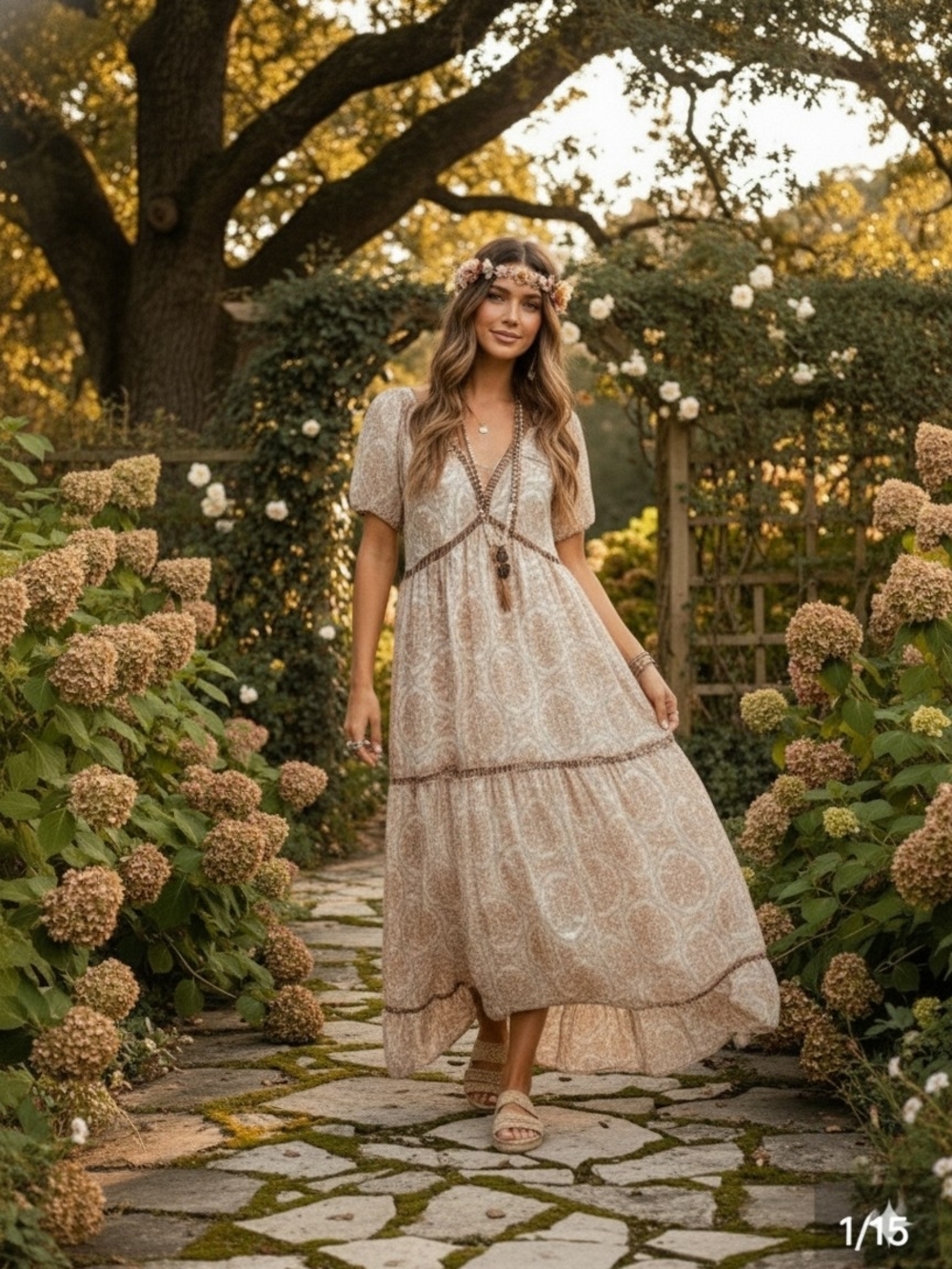 Boho Cream Paisley Maxi Dress Puff Sleeves-NWOT